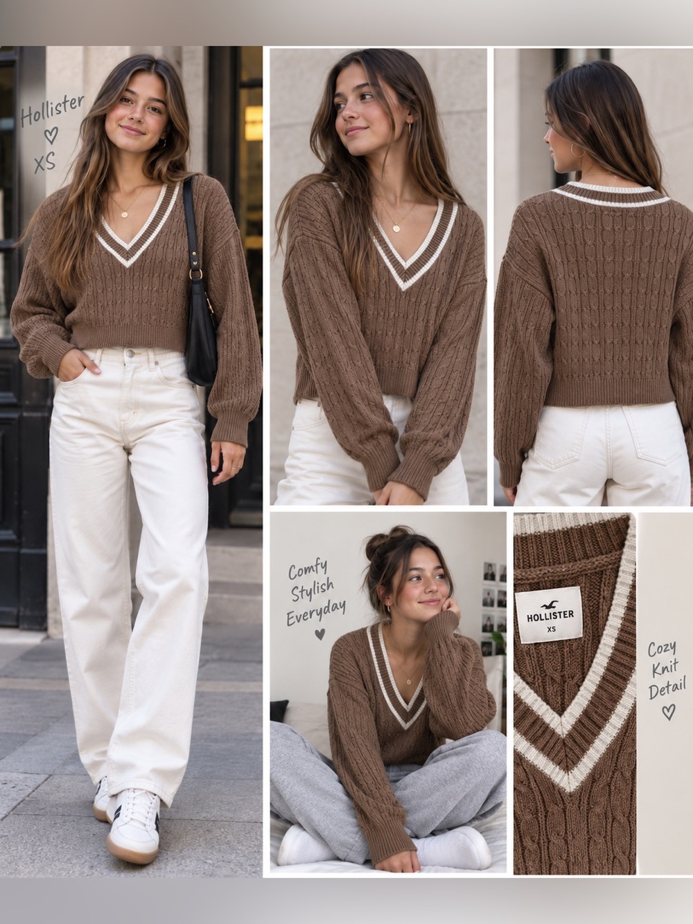Hollister knitted V-Neck Sweater Womens XS tan and white Pullover Long size XS